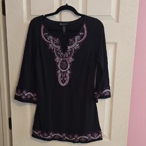 INC International Concepts Black Tunic with Purple Beaded  Embroidery
